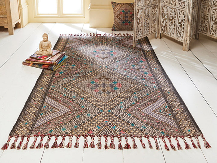 Indian Geometric Printed Rug With Suzani Embroidery 120 cm x 180 cm