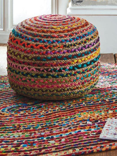 Round Pouffe Ball with Braided Indian Jute and Recycled Fabric - Second Nature Online