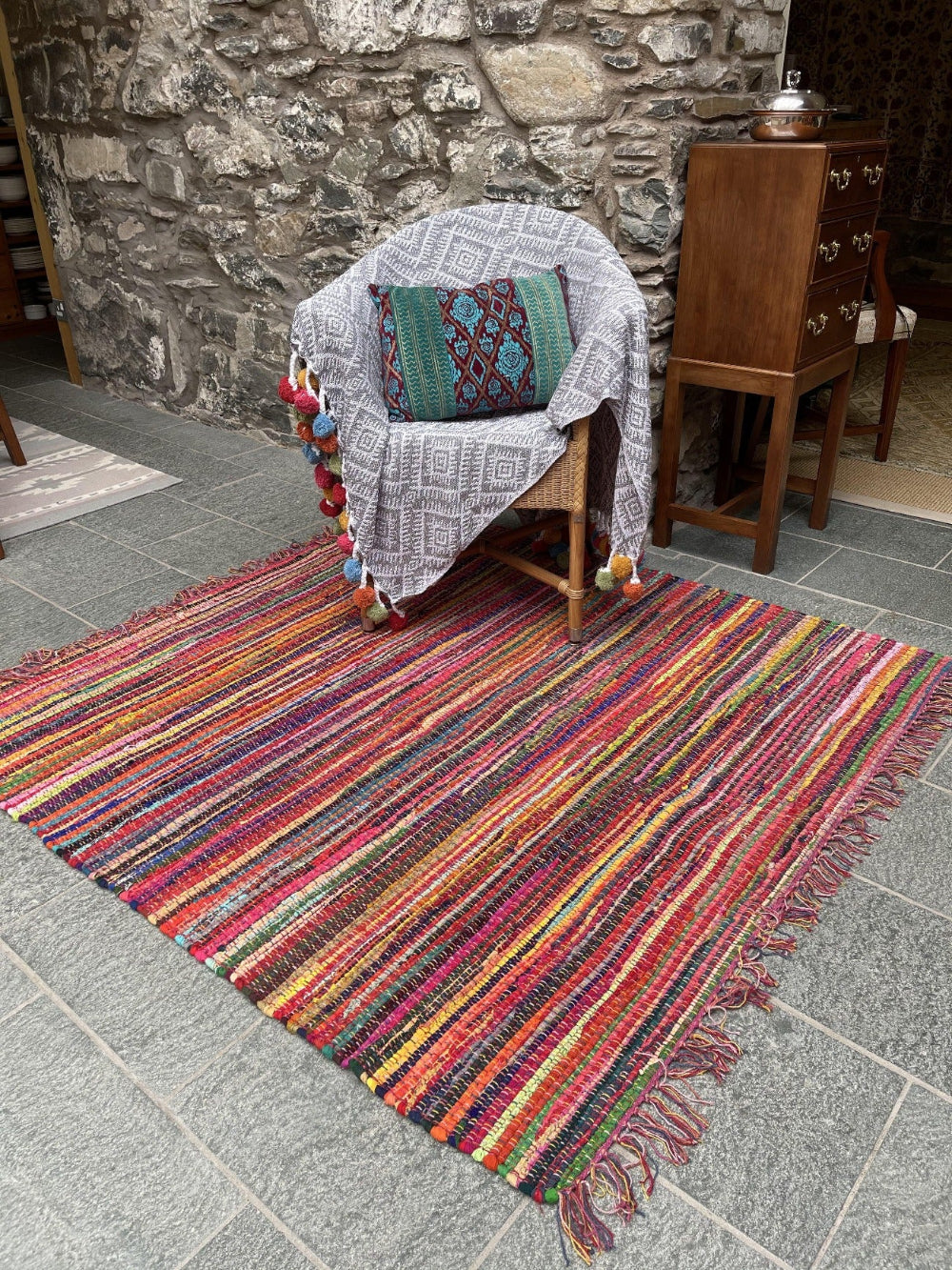 FESTIVAL Boho Rug Flat Weave Multicolour with Tassels - Second Nature Online