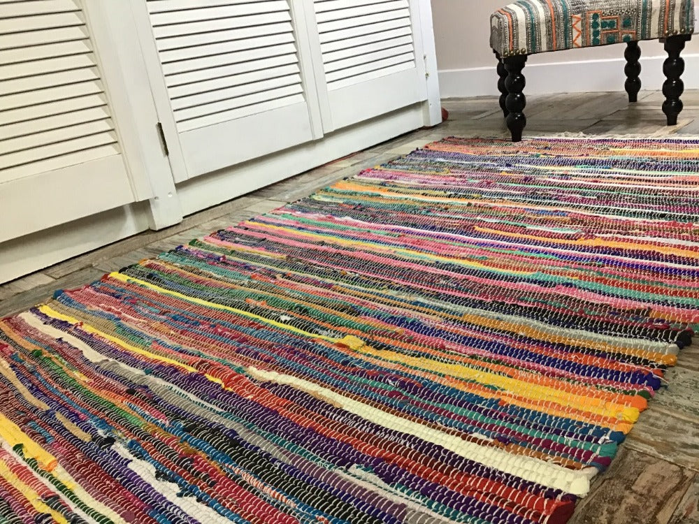 Rainbow Striped Recycled Fabric Rag Rug