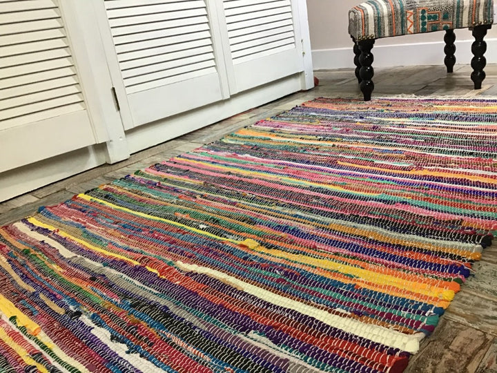 Rainbow Striped Recycled Fabric Rag Rug