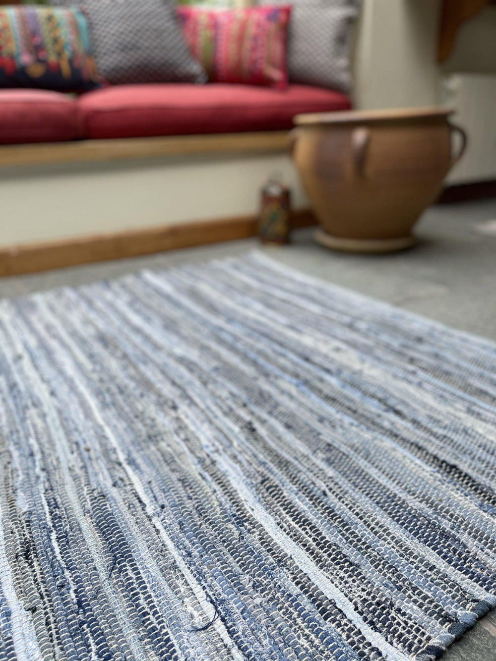 DENIM Blue Rug Washable Cotton Flat Weave - Second Nature Online