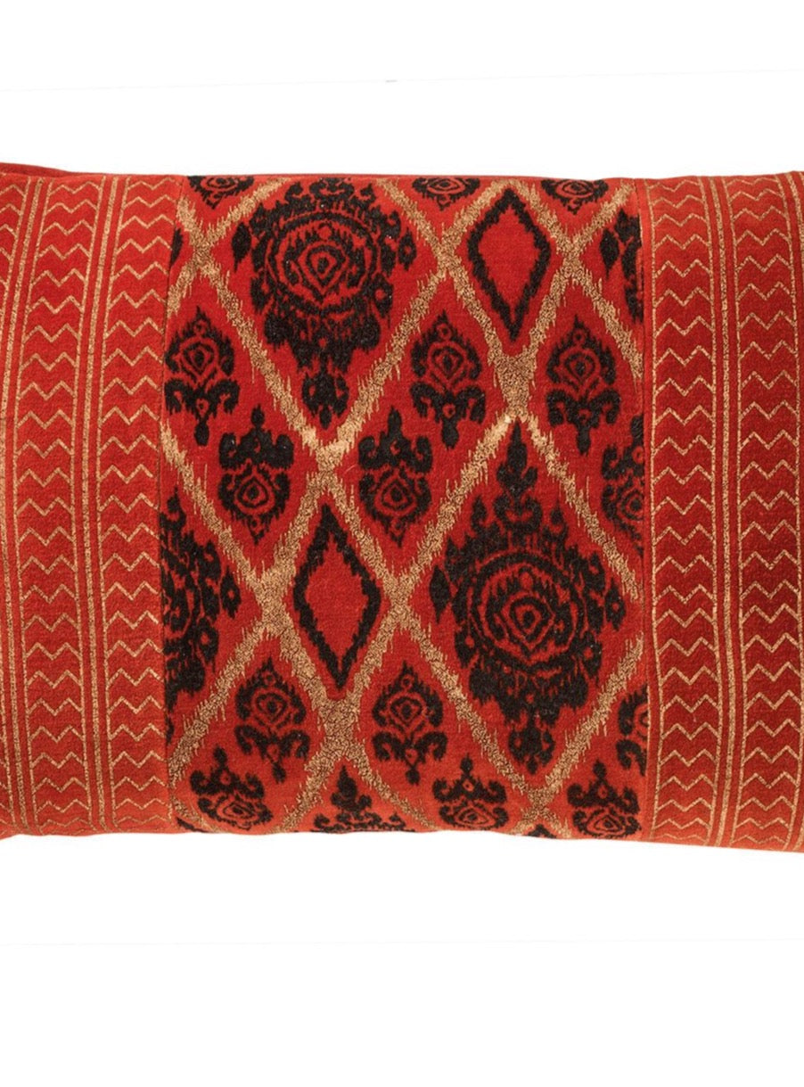 Red Orange Brown Hand Printed Velvet Cushion Cover