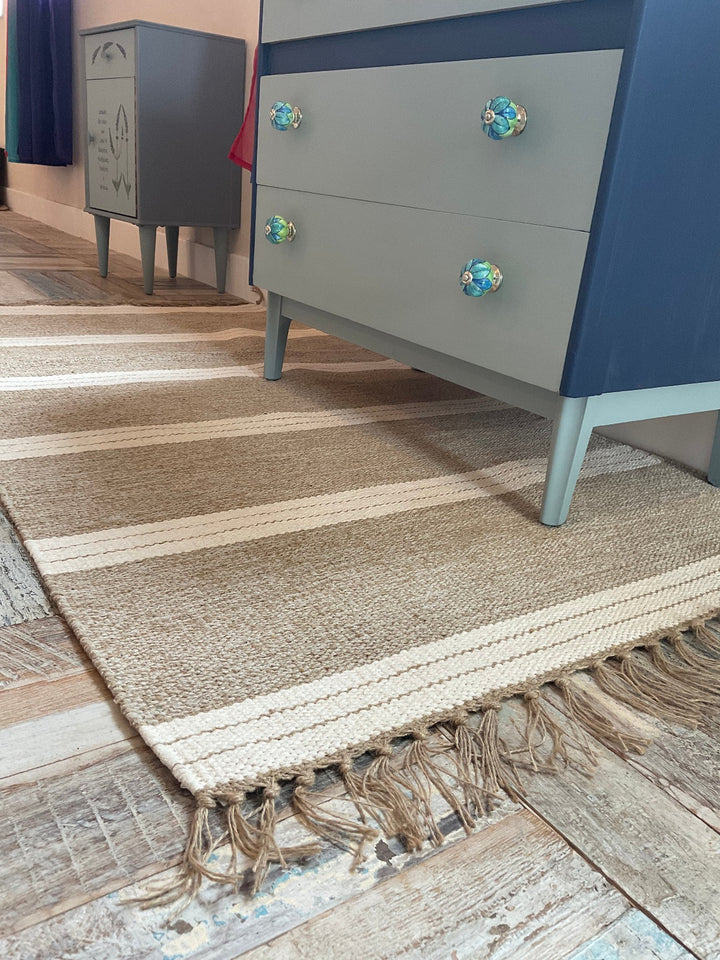 Cotton Jute Natural Rug With Stripes And Fringes Second Nature Online