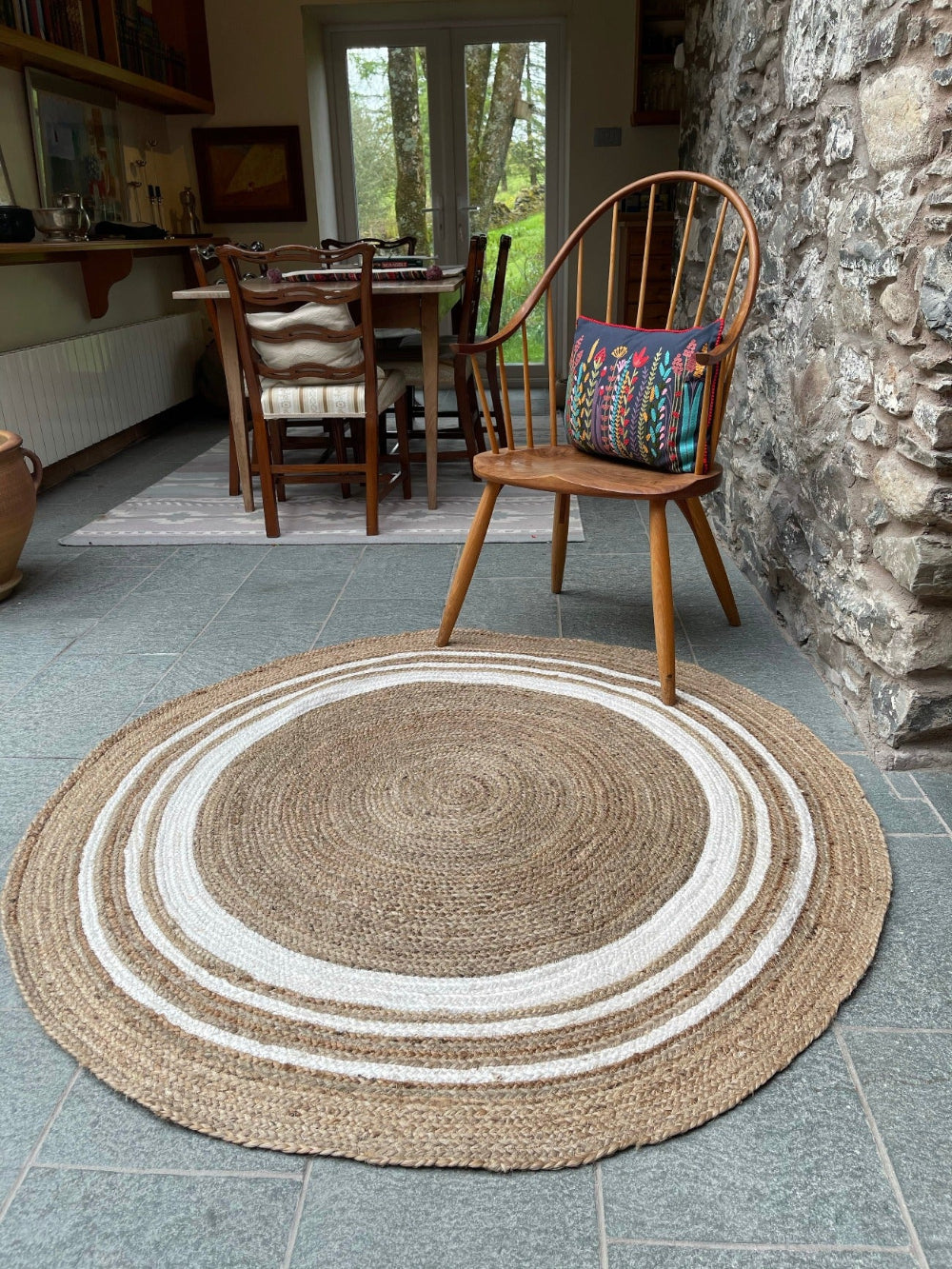 Round Jute Cream Border Natural Rug - Second Nature Online.