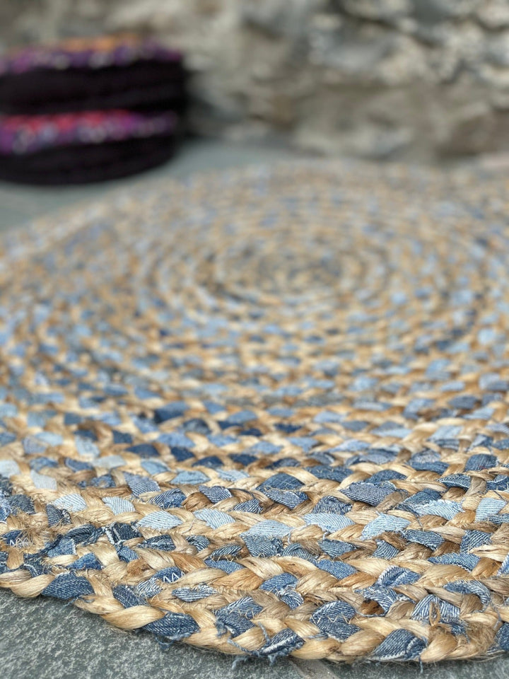 Round Jute Denim Braided Rug - Second Nature Online