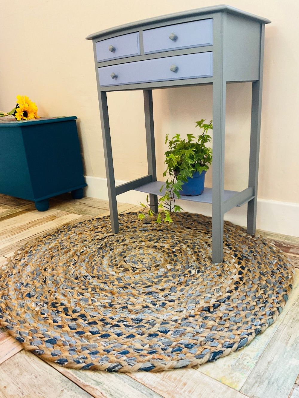 Round Jute Denim Cotton Rug - Second Nature Online