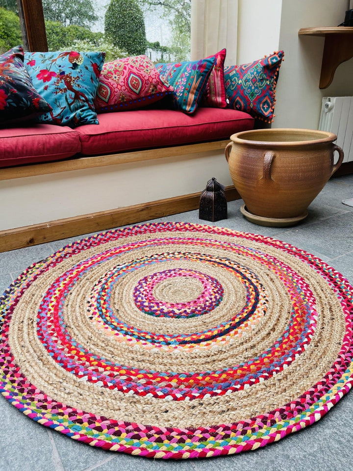 FIESTA Round Rug Jute Hand Woven with Recycled Fabric - Second Nature Online