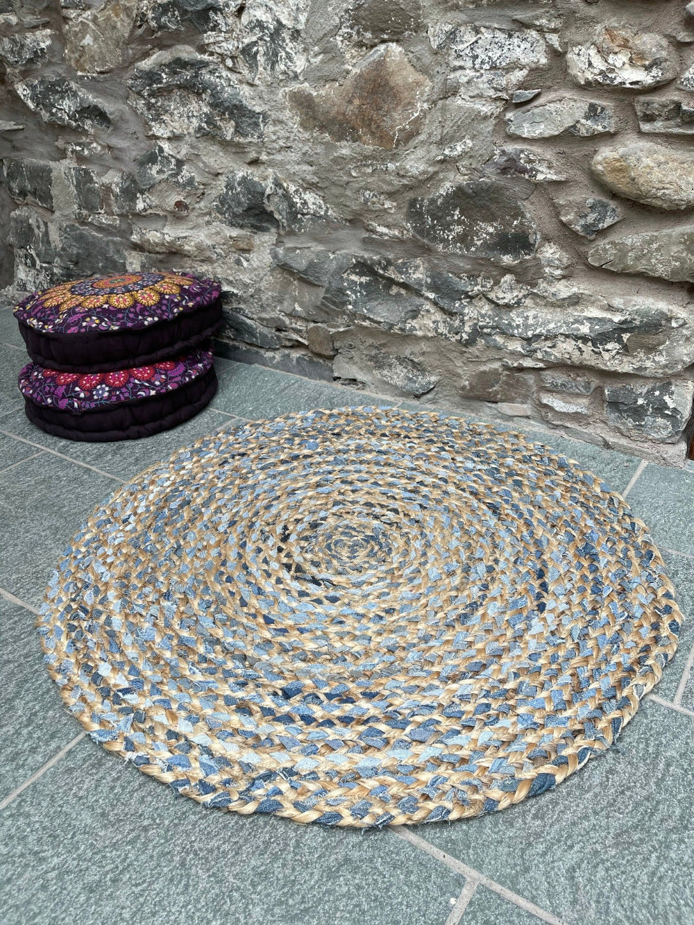 Round Rug Made From Jute and Blue Denim - Second Nature Online