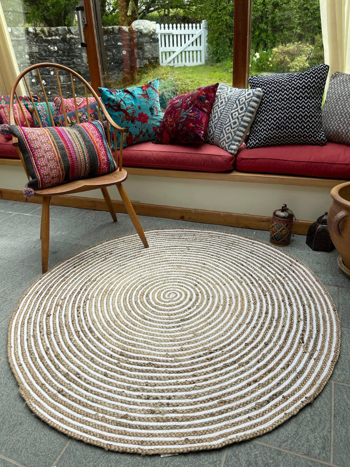 Round Striped Jute Cotton Natural Rug - Second Nature Online
