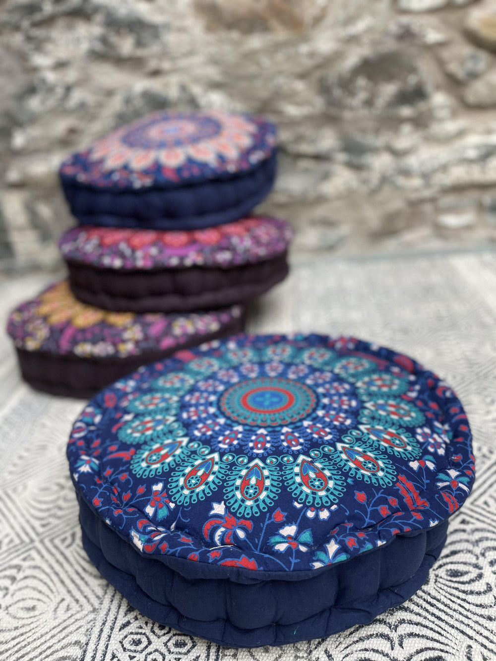 Round Yoga Cushion for Pilates and Meditation in Peacock Design - Second Nature Online