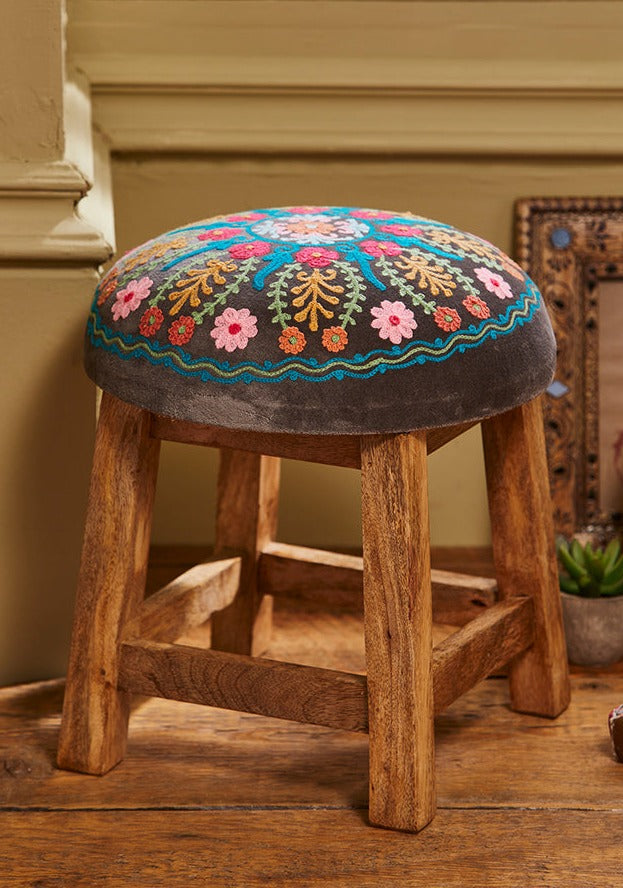 Indian Floral Embroidered Velvet Wooden Footstool