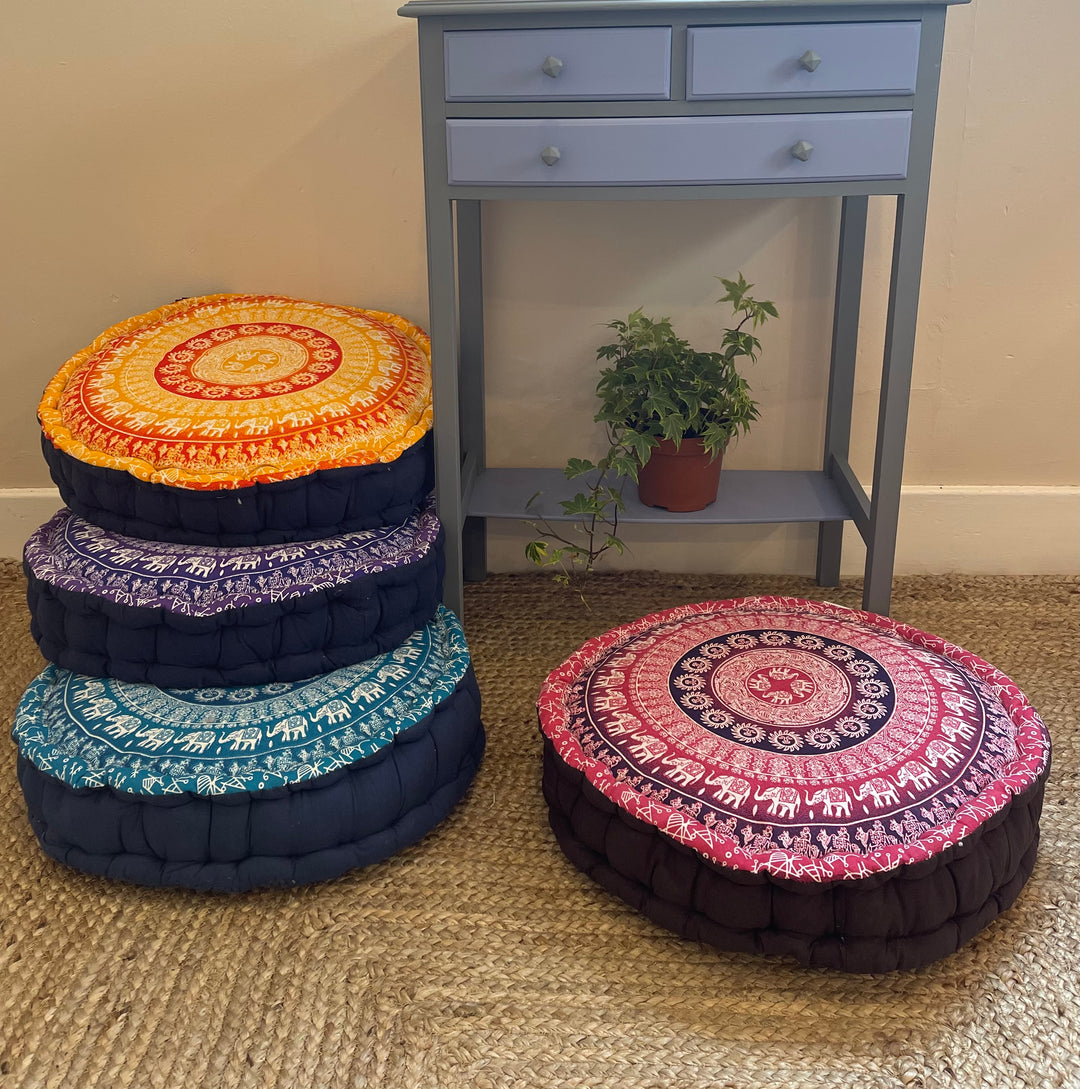 Elephant Yoga Printed Design Cushion Pouffe Floor Cushion Available In Orange, Pink, Blue or Purple