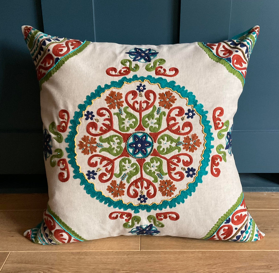 Natural Multi Colour Embroidered Indian Design Cushion Cover 60 cm x 60 cm