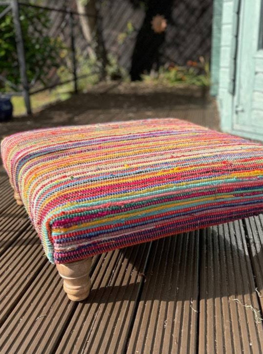 Multi Colour Rainbow Rag Rug Large Bench Footstool Made from Wood Cotton and Mixed Fabric