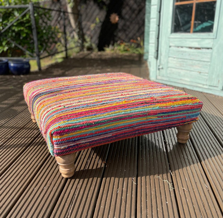 Multi Colour Rainbow Rag Rug Large Bench Footstool Made from Wood Cotton and Mixed Fabric