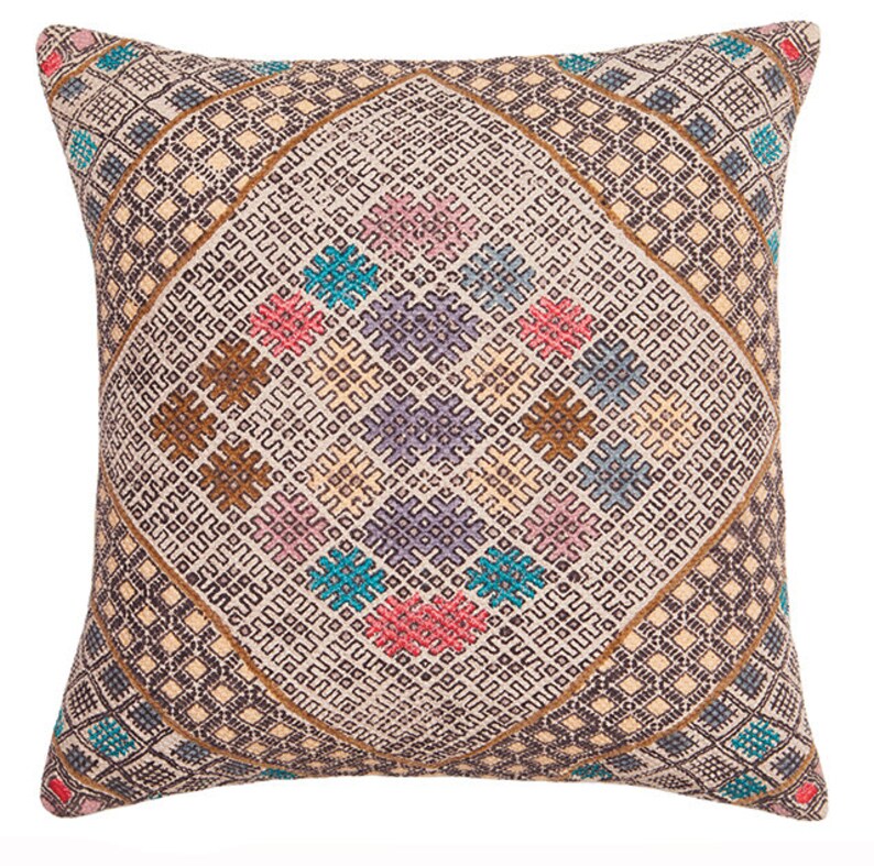 Multi Colour Printed Cushion Cover With Suzani Embroidery