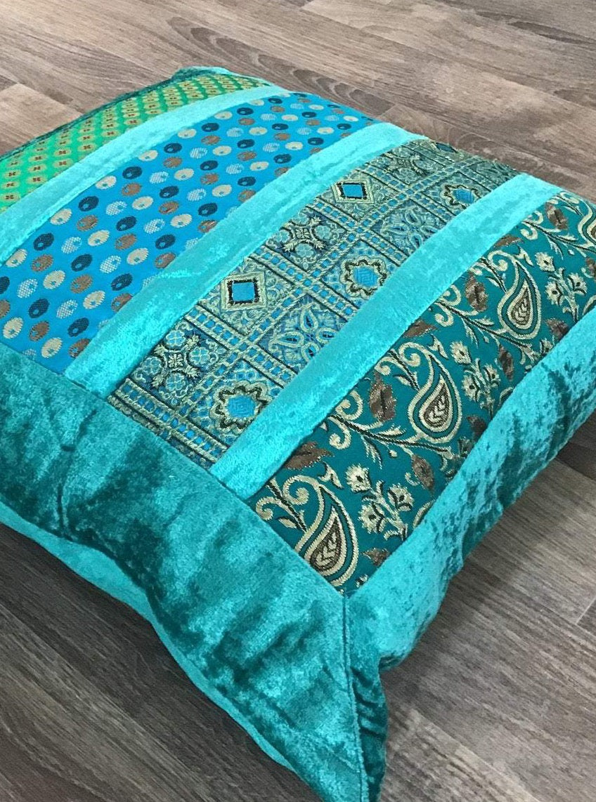 Turquoise Brocade Velvet Patchwork Cushion Cover