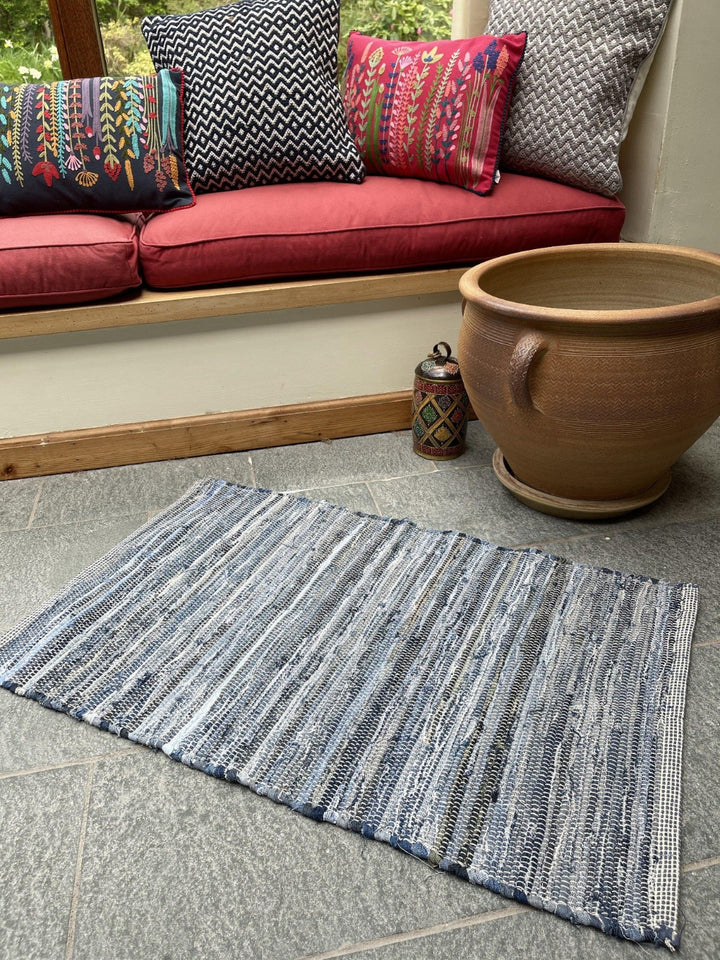 DENIM Blue Rug Washable Cotton Flat Weave - Second Nature Online