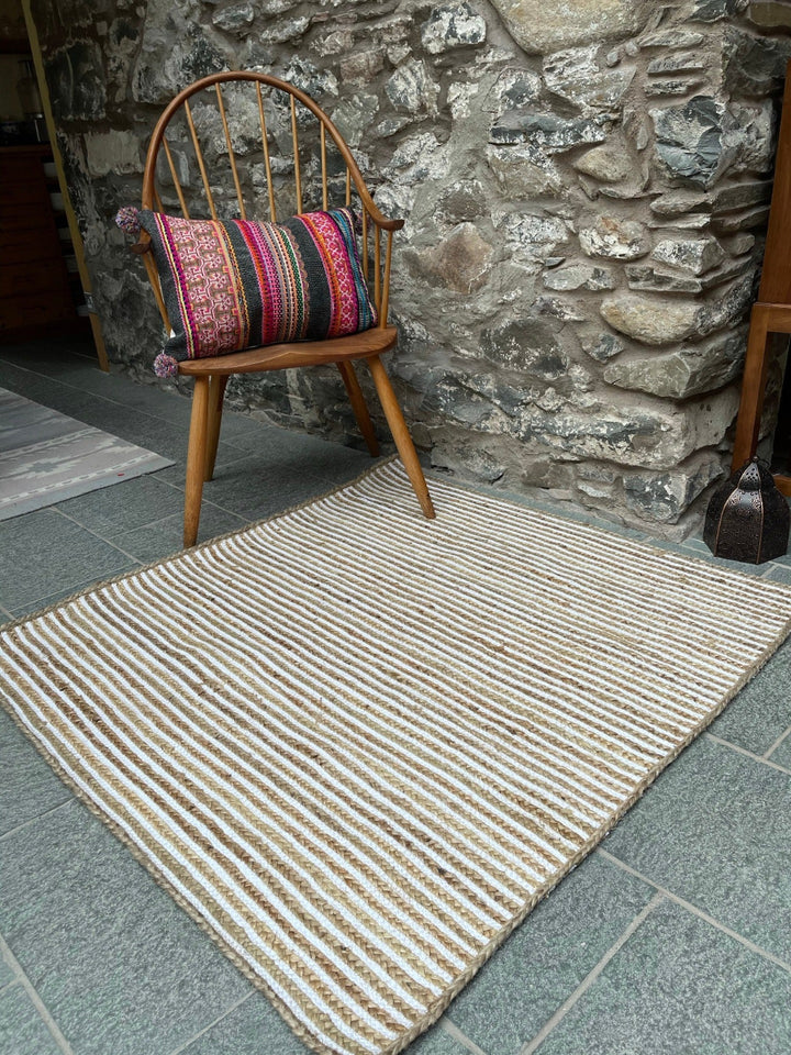 Square Jute Rug With White Cotton Stripes