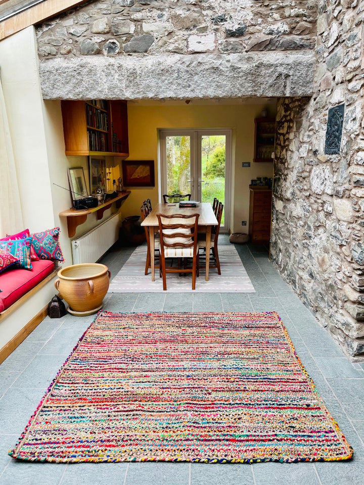 Square Jute and Cotton Striped Rug in Natural and Multi Colours - Second Nature Online