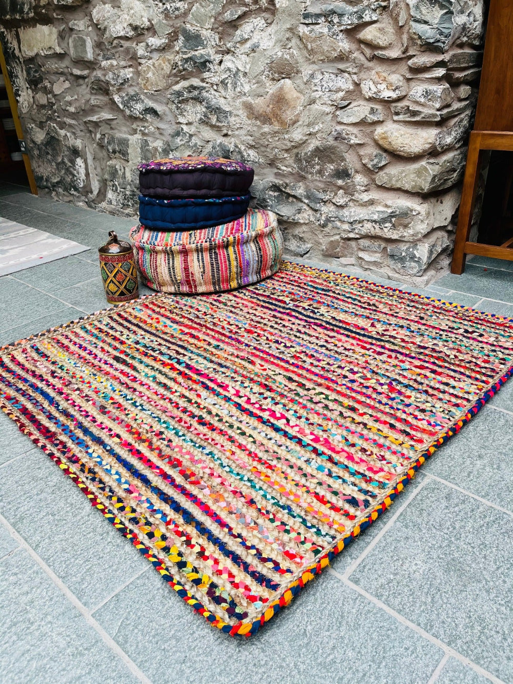 Square Jute and Rainbow Cotton Striped Rug - Second Nature Online