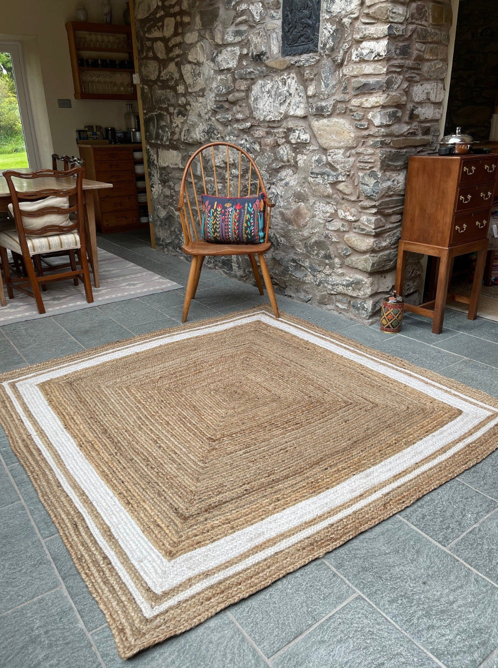 Square Natural Jute Rug In a Braided and Border Design - Second Nature Online