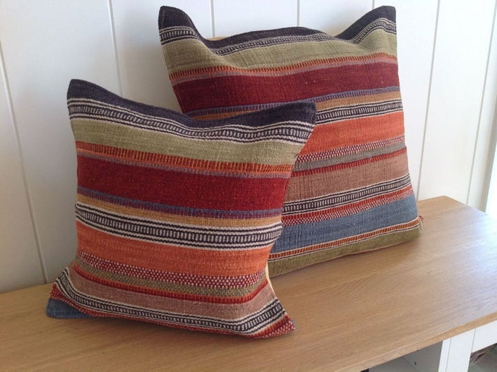 Multi Colour Kilim Cushion Cover Wool Cotton Striped Design on cabinet Second Nature Online