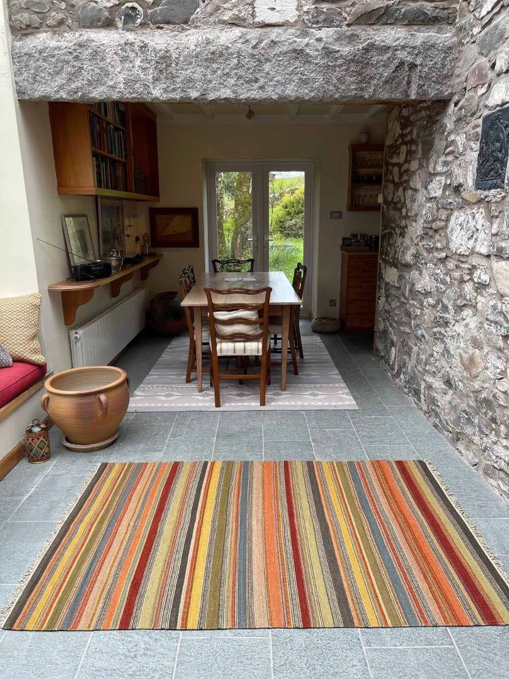 Striped Autumnal Coloured Ooty Indian Area Kilim Rug