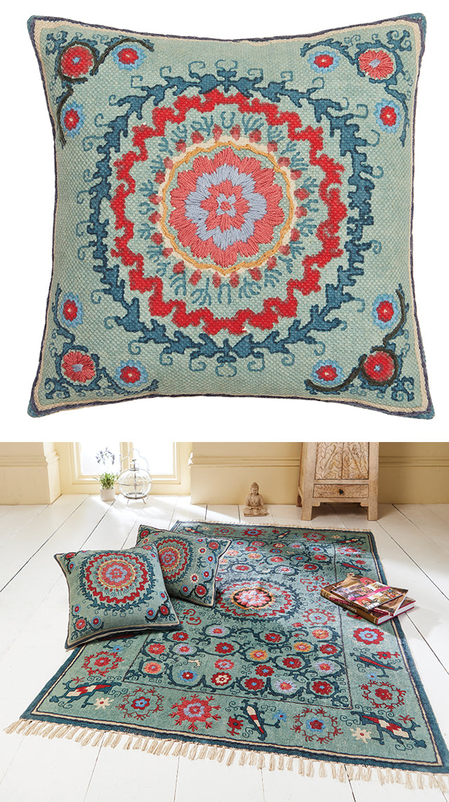 Turquoise Blue Cotton Printed Indian Embroidered Suzani Cushion Cover