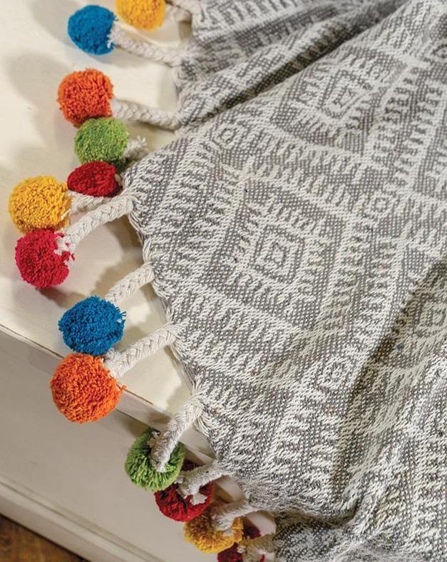 Grey Recycled Cotton Throw with Multi Colour Pom Poms - Second Nature Online