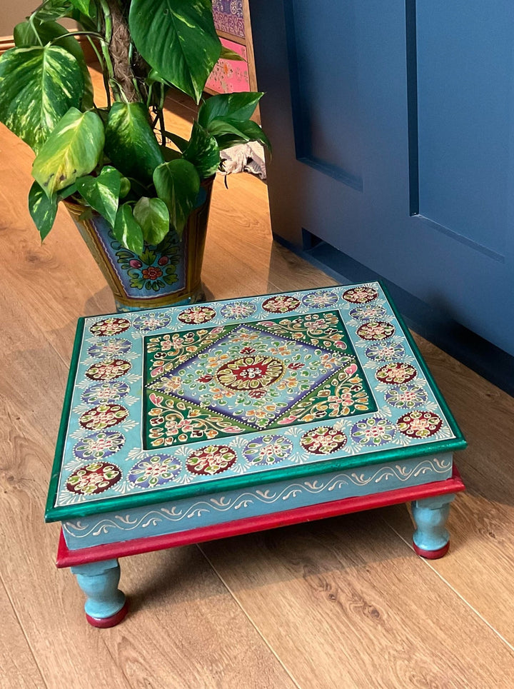 Hand Painted Turquoise Wooden Bajot Coffee Side Table
