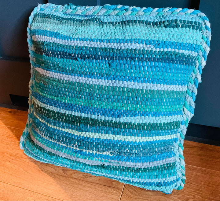 Turquoise Braided Rag Rug Cushion Cover