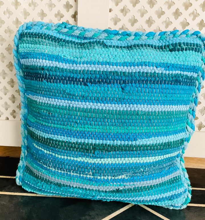 Turquoise Braided Rag Rug Cushion Cover
