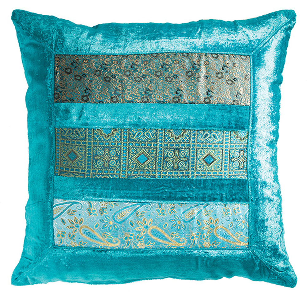 Sari Turquoise Patchwork Cushion In a White Background