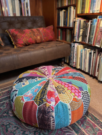 Round Patchwork Pouffe in Vintage Style Multi Colour Kantha - Second Nature Online