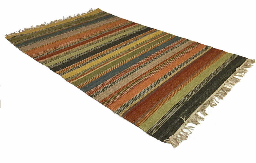 Ooty Kilim Rug Handmade in Rich Wool Multi Colour Stripes