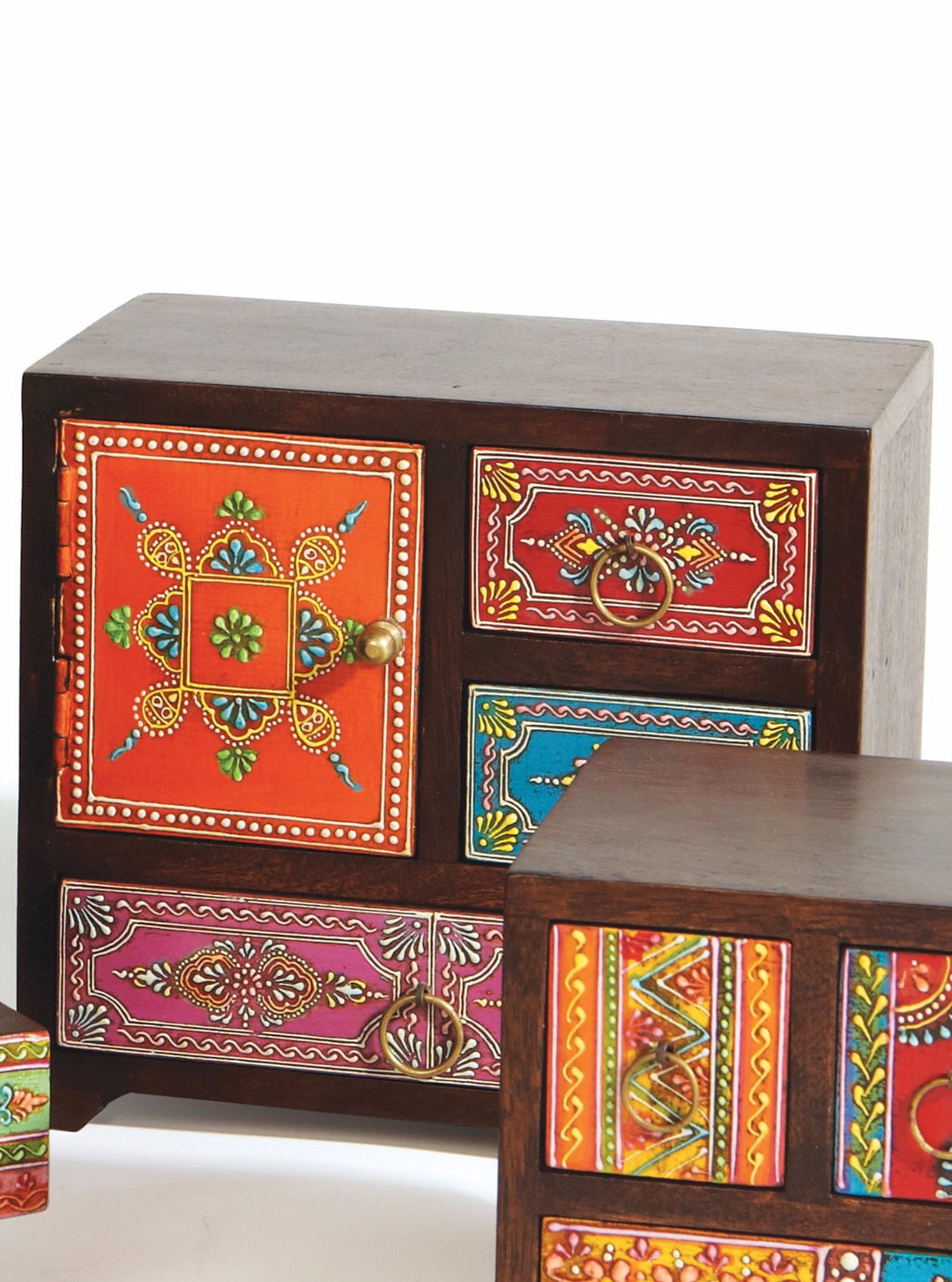 Indian Hand Painted Wood 3 Drawer 1 Cupboard Chest