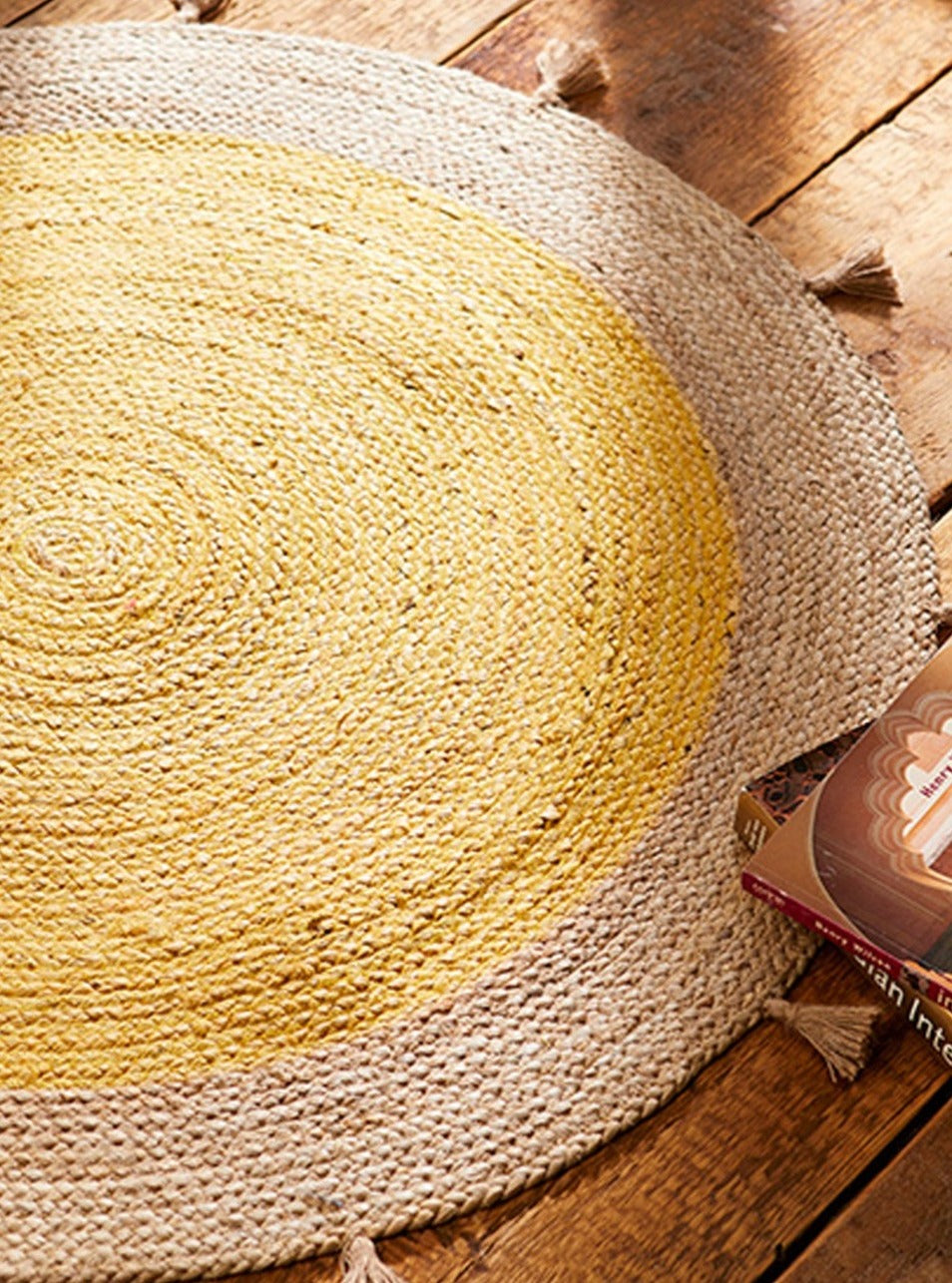 Yellow Gold and Natural Round Jute Rug Available in 90 cm or 120 cm