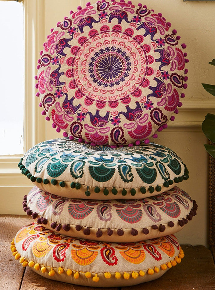 Mandala Yoga Round Cushion With Pom Pom and Elephant Design