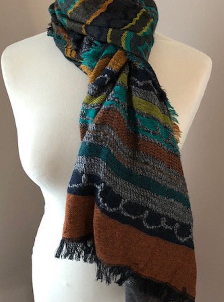Handmade Multi Colour Grey Green Blue Orange Striped Wool Cotton and Acrylic Scarf With Frayed Edges