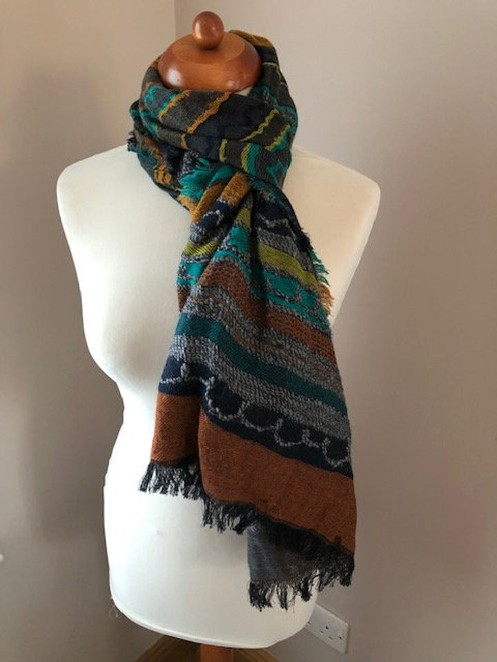 Handmade Multi Colour Grey Green Blue Orange Striped Wool Cotton and Acrylic Scarf With Frayed Edges