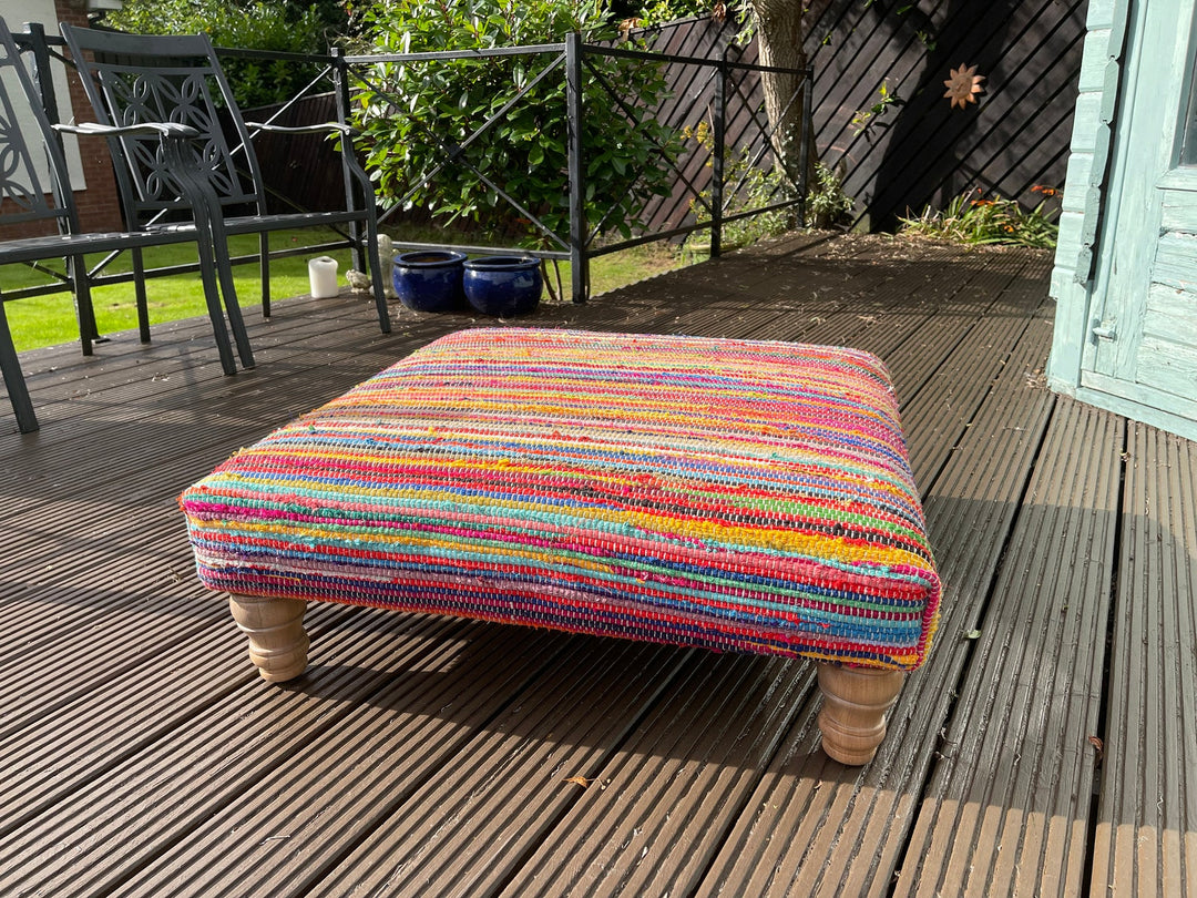 Multi Colour Rainbow Rag Rug Large Bench Footstool Made from Wood Cotton and Mixed Fabric