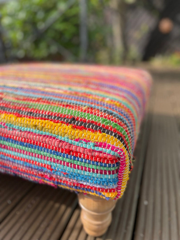 Multi Colour Rainbow Rag Rug Large Bench Footstool Made from Wood Cotton and Mixed Fabric