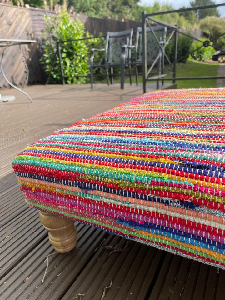 Multi Colour Rainbow Rag Rug Large Bench Footstool Made from Wood Cotton and Mixed Fabric