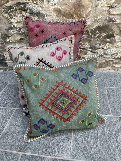 Stonewash Square Cushion Cover with Indian Embroidery Detail - Second Nature Online