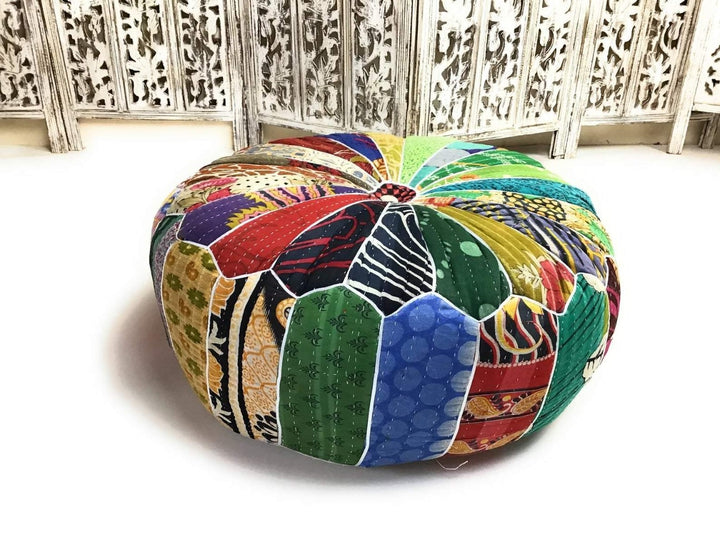 Round Patchwork Pouffe in Vintage Style Multi Colour Kantha - Second Nature Online